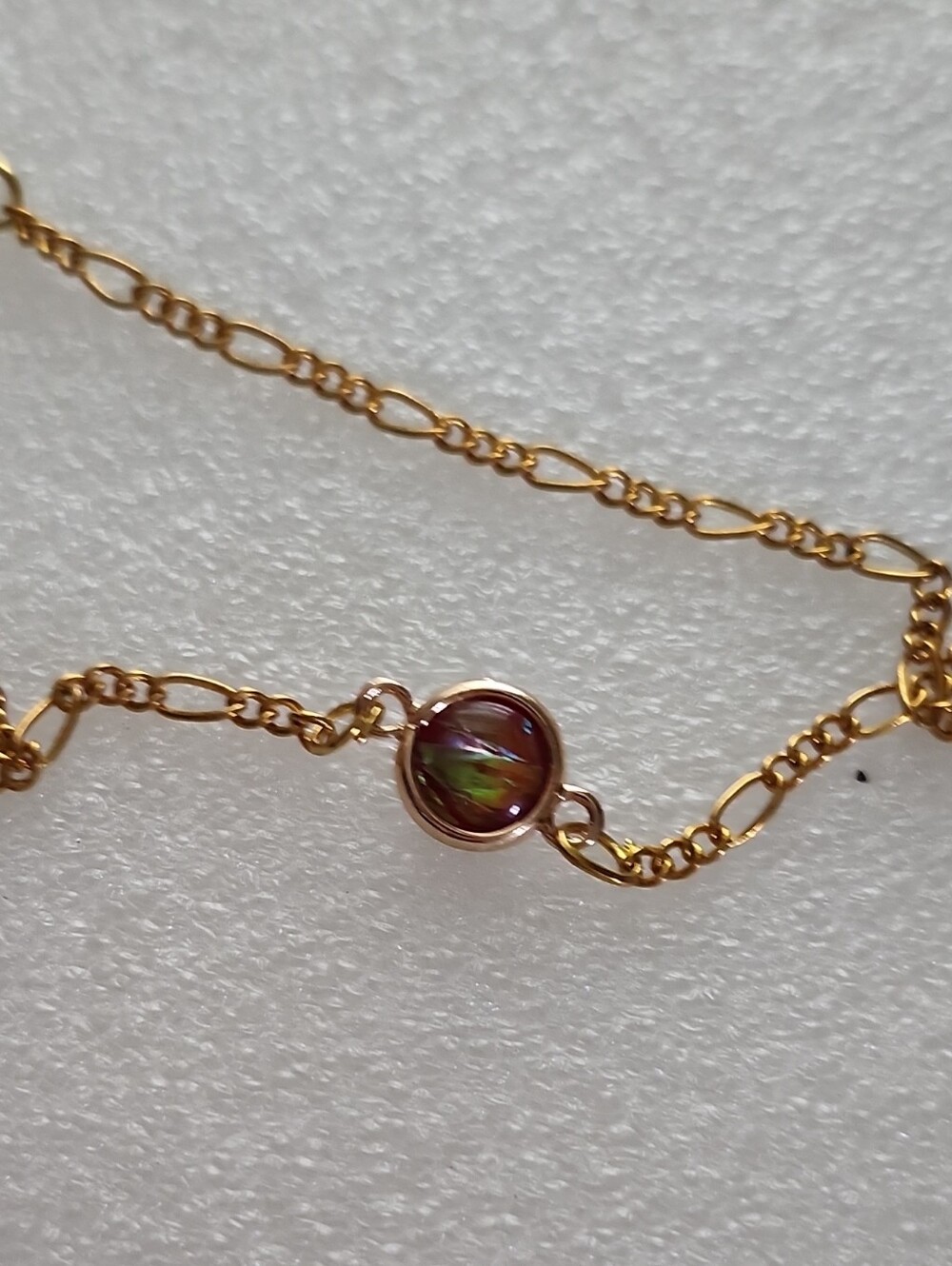 Hand Crafted Gold Chain Bracelet / Anklet with Iridescent Green-Purple Accent